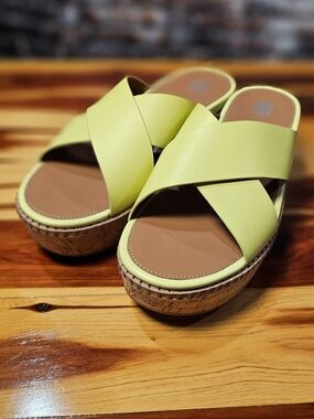 FitFlop Eloise Leather Cork Wedge Cross Slides Lime Green Platform Sandals Sz 10
